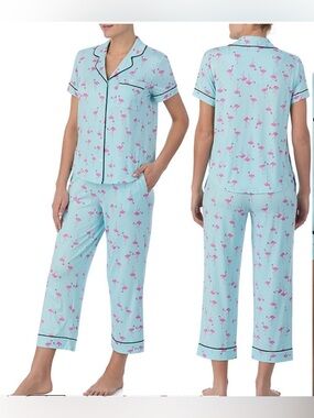 Kate Spade 2 Piece Flamingo Print Cropped Pajama Set Blue Pink Size L